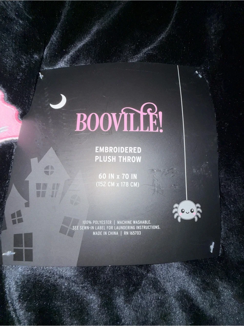 NEW BOOVILLE BLACK FUZZY EMBROIDERED PINK GHOST Plush 60x70” Throw Blanket NWT